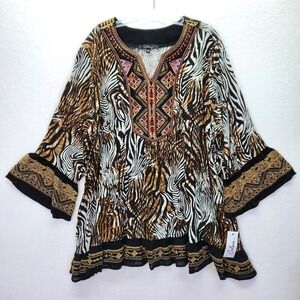 Calessa Top Women 3X Plus Animal Print Embroidered Boho Tunic Zebra Tiger Tribal